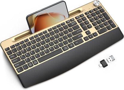 Ergonomic Wireless Keyboard with Wrist Rest-Low-Profile,Phone/Tablet Holder,Quiet Design，Windows & Mac OS，Full Size Cordless USB Computer Keyboard for Desktop,Laptop, PC, Mac, Windows-Gold