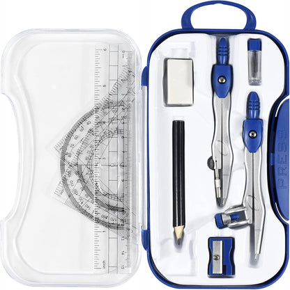10 Pieces Math Geometry Kit Set Student Supplies with Shatterproof Storage Box,Includes Rulers,Protractor,Compass,Eraser,Pencil Sharpener,Lead Refills,Pencil,for School and Drawings（Navy Blue）
