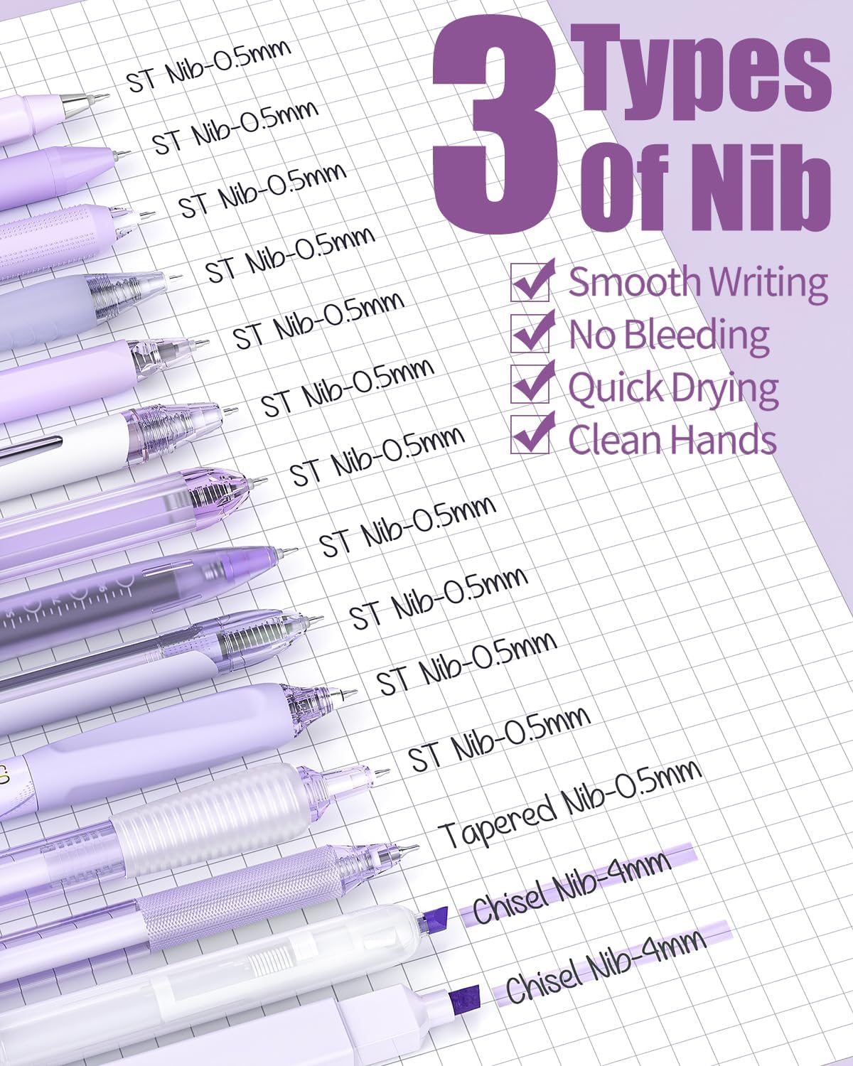 Four Candies 14Pack Pastel Gel Ink Pen Set,Cute Retractable 0.5mm Fine Point Pen,11 Pack Black Ink and 1 Pc Purple Ink Pens with 2Pcs Highlighter for School, Office, Mothers Day Gifts(Purple)