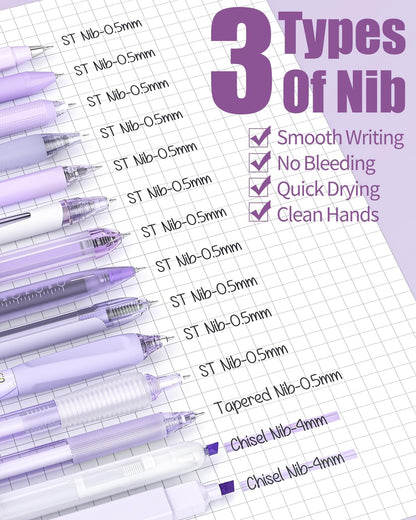 Four Candies 14Pack Pastel Gel Ink Pen Set,Cute Retractable 0.5mm Fine Point Pen,11 Pack Black Ink and 1 Pc Purple Ink Pens with 2Pcs Highlighter for School, Office, Mothers Day Gifts(Purple)