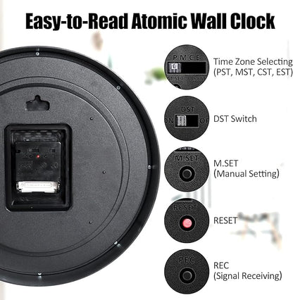 Geevon Atomic Wall Clock 14 Inch, Atomic Analog Wall Clocks Battery Operated, Large Digits Automatic Clock for Kitchen/School/Classroom/Bedroom/Living Room (Silver Frame)