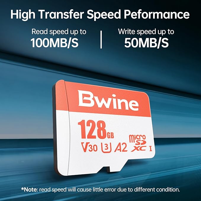Bwine 128G Micro SD Card, Read Speed up to 100MB/s, 4K UHD Video Support, Compatible with Digital Camera, Drone, with 1 Reader & Adapter, Orange