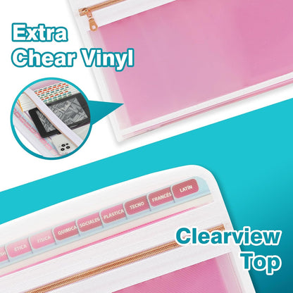 H4D 13 Pocket Expanding File Folder Organizer with Front Clear Pounch, Accordion File Organizer with Zipper Clourse, Fit for Letter Size Papers, Pink