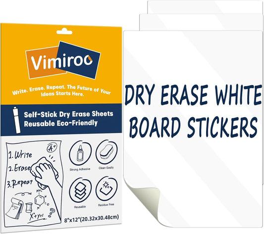 Dry Erase White Board Stickers, 12" x 8" Removable Dry Erase Sheets for Wall/Refrigerator/Door/Classroom, Adhesive Non-Magnetic Whiteboard, Fridge Dry Erase Paper(3 Sheets)