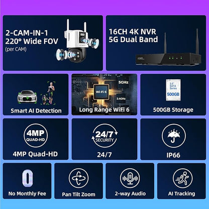 xmartO [2-in-1 CAMs 8-View WiFi 6 Mesh PTZ Security Camera System Outdoor Wireless, 4X Dual-Lens CAM, 16CH 4K Long Range WiFi6 Surveillance NVR Kit, 4MP PTZ Home CCTV Set w. 500GB HDD, No Monthly Fee