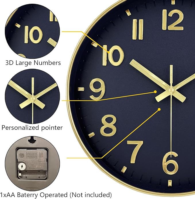 Wall Clocks Battery Operated, 12Inch Non Ticking Digital Wall Clock, Silent Analog Clock for Bedroom Living Room Kitchen Office Hotel Decor, Navy Blue Large Number Clocks for Seniors Elderly