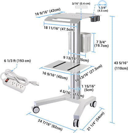 AW Medical Mobile Laptop Cart Rolling PC Stand Ultrasound Imaging Cart Computer Workstation on Wheels with Handle 220 Lbs Capacity CPU Printer Power Strip Holder for Dentistry Clinic Lap Hospital