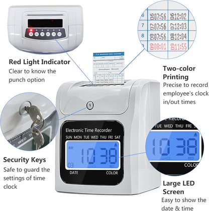 Time Clock Bundle with 200 Time Cards, 4 Ink Ribbons, 2 Ten-Slot Time Card Racks, & 2 Security Keys, Auto-Align Employee Time Clocks for Small Business