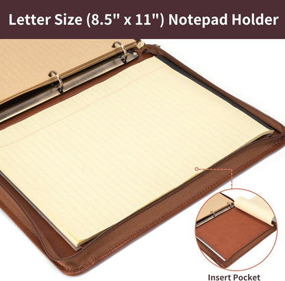 3 Ring Binder Genuine Leather Portfolio, Front Pocket, 8.5 x 11 Legal Pad Padfolio for Men and Women, Zip Notepad Laptop Organizer, Professional Business Executive Work Folio, Brown, Oil Tanned