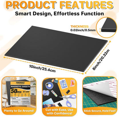 FINDMAG Magnet Sheets with Adhesive, 8” x 10”, Pack of 50, Magnet Papers for Stickers, Magnetic Sheets for Refrigerator, Whiteboard, Cuttable Magnetic Paper for Crafts, Pictures.