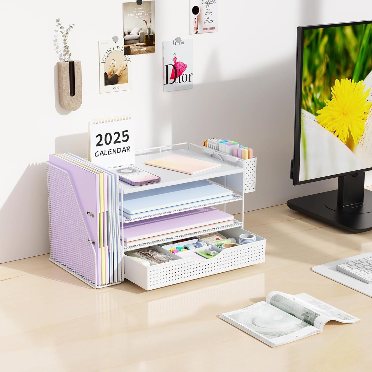 Wood Desk Organizers and Accessories with File Holder, 4-Tier Desk Accessories & Workspace Organizers with Drawer and Pen Holder, Paper Organizer for Office Supplies (White)