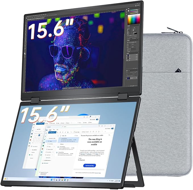 VisionOwl Portable Monitor Dual 15.6 Inch 1080P FHD 107% sRGB Foldable Second Screen, USB-C HDMI HDR Stacked Travel Monitor for Laptop MacBook PC PS5 Xbox, VESA Mountable, with Adjustable Kickstand