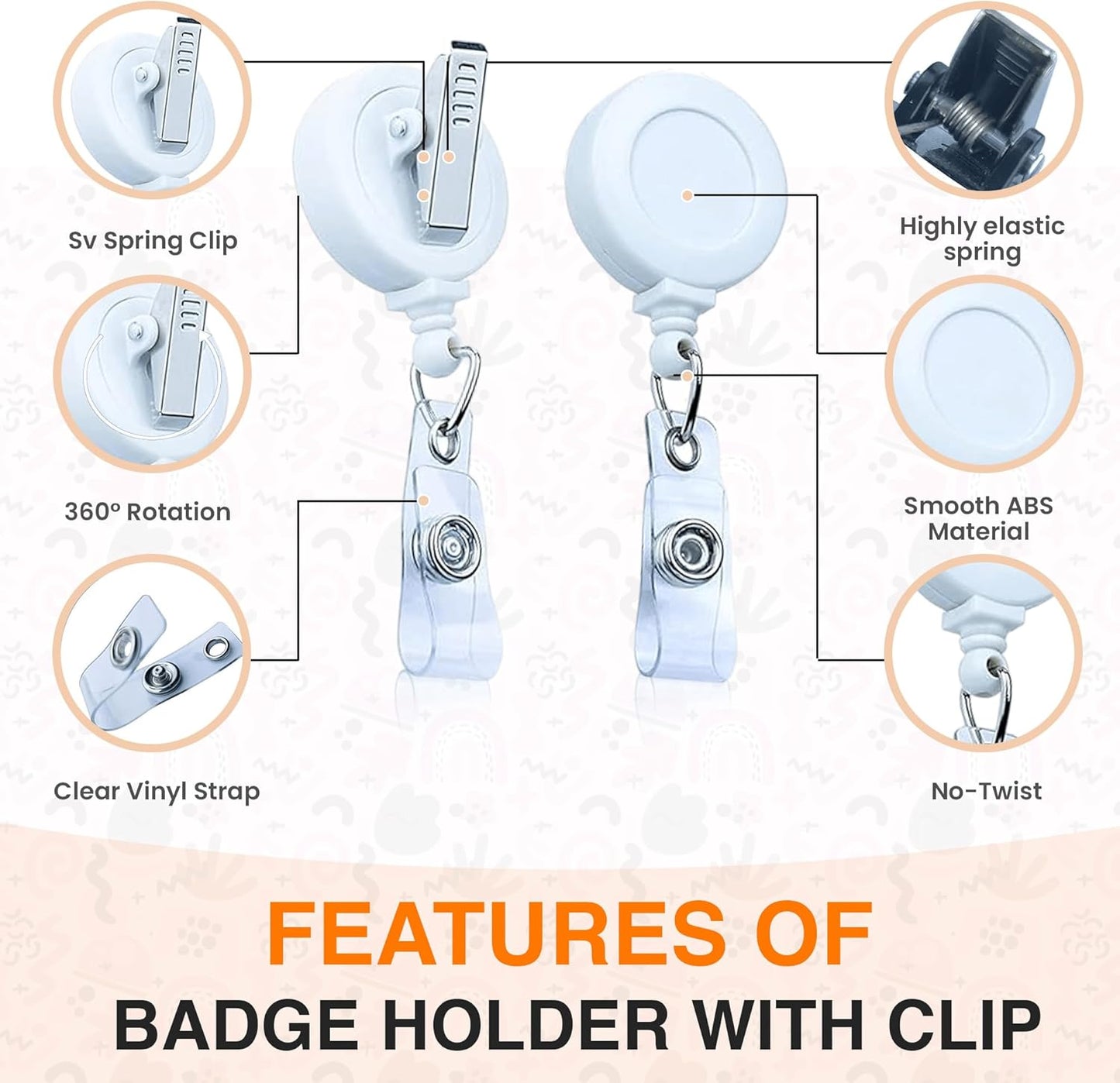 25 Pack Retractable Badge Reels with Clip, Retractable Id Badge Clip with Clear Vinyl Strap & Alligator Swivel, No Twist Dispenser (White)