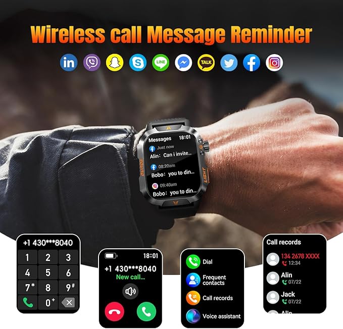 QTLLBT Military Smartwatch, Answer Make Calls LED Flashlight Barometer Compass 2.01HD IP68 Waterproof Outdoor Tactical Watch 100+ Sports Modes Sleep Heart Rate Available for Android iOS (Steel Band)