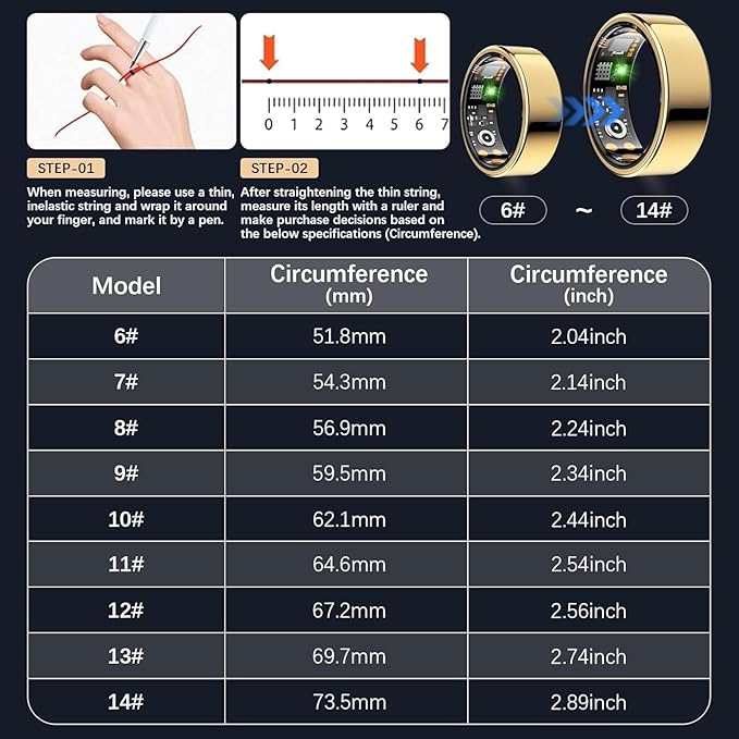 Smart Health Ring for Women Men, Fitness Tracker Ring with Heart Rate, Blood Oxygen, Sleep Tracker, Step Tracker, No Subscription Fee, IP68 Waterproof Smart Ring for iPhone & Android (Gold, 11#)