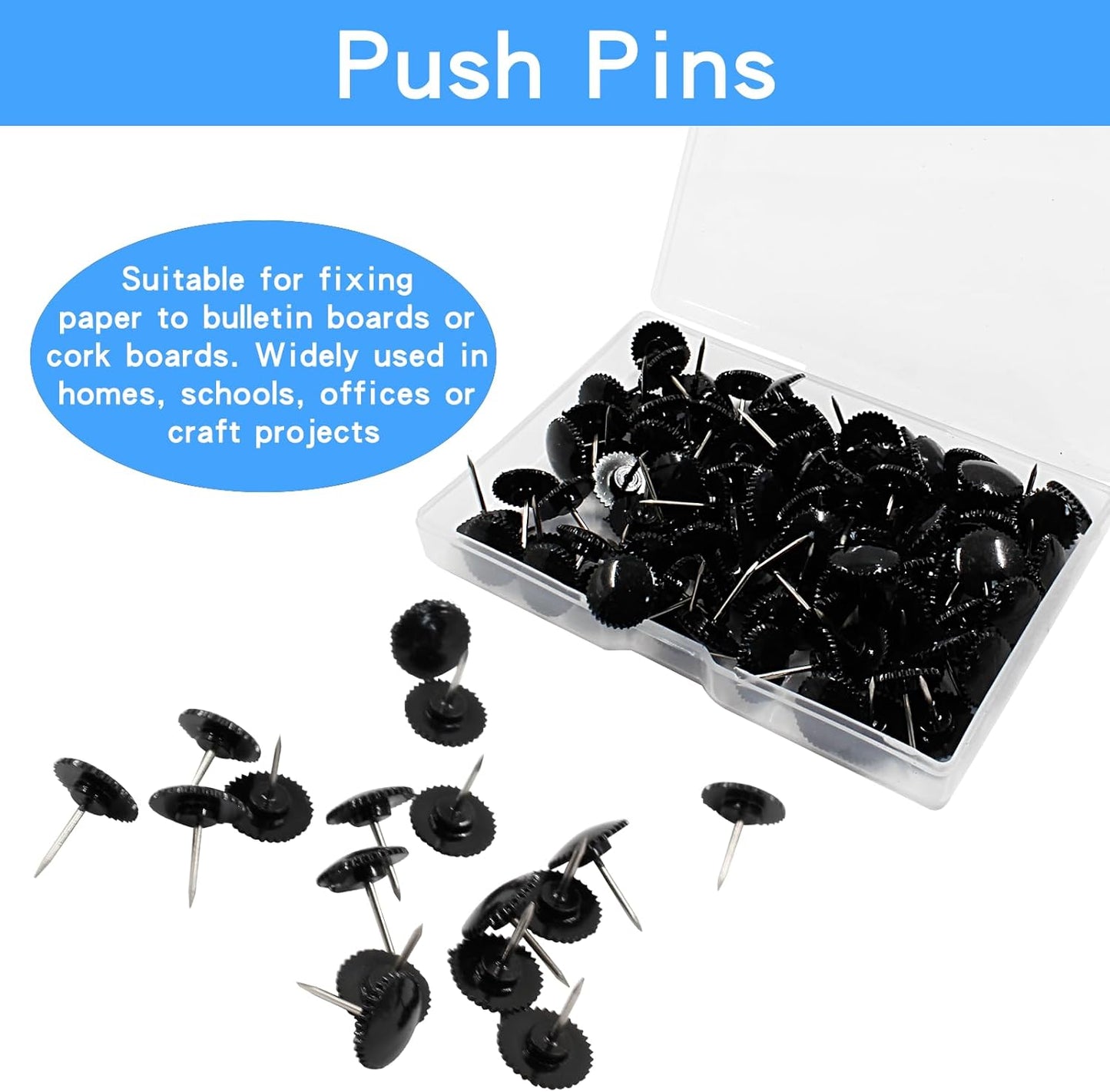 Piutouyar 100 Pcs Black Push Pins, Plastic Thumb Tacks for Wall Hanging, Flat Head and Steel Point Push Pins Wall Tacks Thumbtacks for Furniture Cork Board DIY Projects or Home Decor