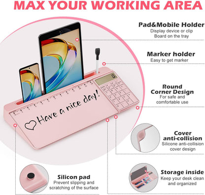 Desktop Glass Whiteboard with Mirror & Calculator(12 Digit LCD Display) & Ruler Marker,Tilted Computer Keyboard Stand with Dry Erase Board Surface, Desk Organizers with Accessories,Pink