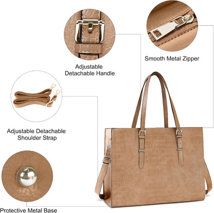 Laptop Bag for Women 15.6 Inch Laptop Tote Bag Leather Classy Computer Briefcase for Work Waterproof Handbag Professional Shoulder Bag Women Business Office Bag Large Capacity Grey