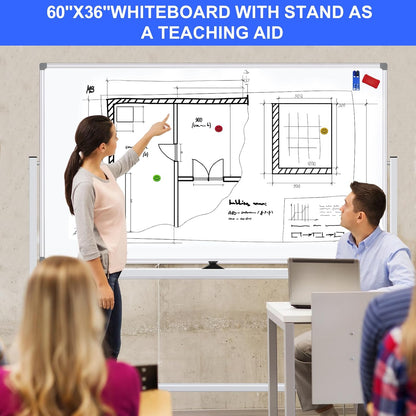 Mobile Magnet Whiteboard with Stand 60x36 Double-Sided Dry Erase Board with Stand - Magnetic Portable Standing Whiteboard - 5' x 3' Rolling White Boards with Easy Flip Feature