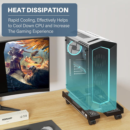 Adjustable Computer Tower Stand, Mobile PC Stand for Floor with 4 Locking Caster Wheels Fits Most PC, Under Desk CPU Holder for Office, Gamers and Students (Black)