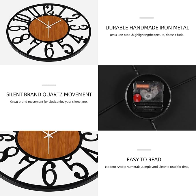 Maxstar Round Wall Clock for Living Room Decor Battery Operated Non Ticking Black Metal Wood Clocks for Home Living Room Garden Office Kitchen Decoration -16 inch
