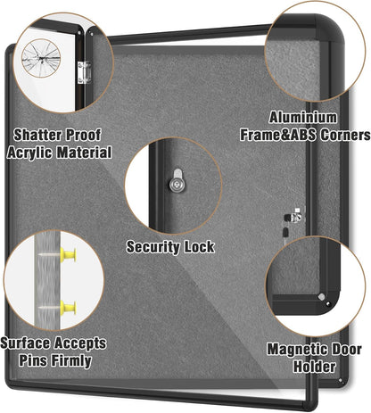 38"x38" Enclosed Bulletin Board, Lockable Weather-Resistant Aluminum Cork Noticeboard for School & Office, Black Frame w/Grey Flet