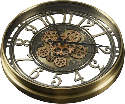 CLXEAST 21 Inch Industrial Moving Gears Wall Clock,Modern Farmhouse Arabic Numeral Battery Operated Silent Wall Clock for Living Room Decor,Brushed Gold,House Warming Gifts New Home