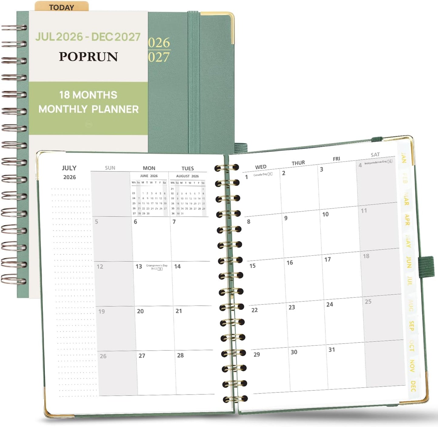 POPRUN Monthly Planner 2026-2027 Spiral Hardcover (6.25'' x 8.5''), 18 Months Calendar (Jan.2026-Jun.2027) - 2 Pages per Month with Dotted Note Pages, Sunday Start, Laminated Tab - Midnight Green