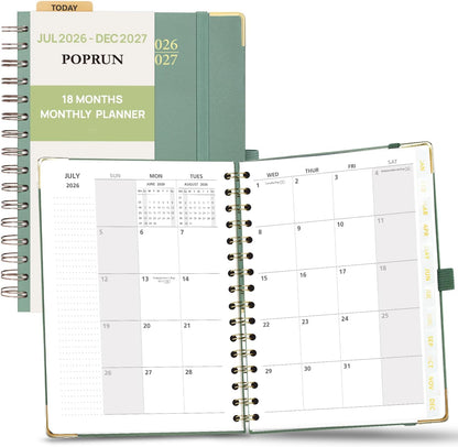POPRUN Monthly Planner 2026-2027 Spiral Hardcover (6.25'' x 8.5''), 18 Months Calendar (Jan.2026-Jun.2027) - 2 Pages per Month with Dotted Note Pages, Sunday Start, Laminated Tab - Midnight Green