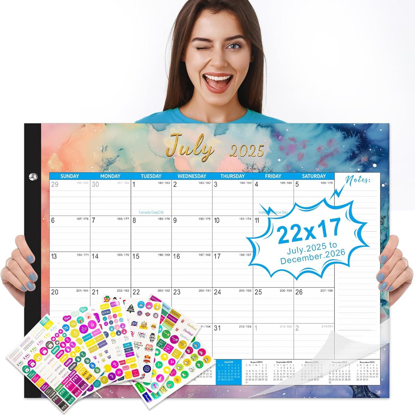 Gannyfer Desk Calendar 2025-2026, 18 Month Calendar July 2025 - Dec 2026, 22" x 17" Large Monthly Desktop Calendar with Notes, Daily Blocks, Thick Paper, Corner Protectors - Colorful Waterink (6 Stickers Included)