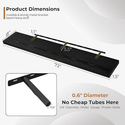 Fun Memories 72 Inch Floating Shelves for Wall, Fireplace Mantel Shelf with Invisible Heavy Duty Bracket, 8 Inch Deep Storage Shelf for Living Room, Kitchen, Farmhouse, Black (2-Pack)