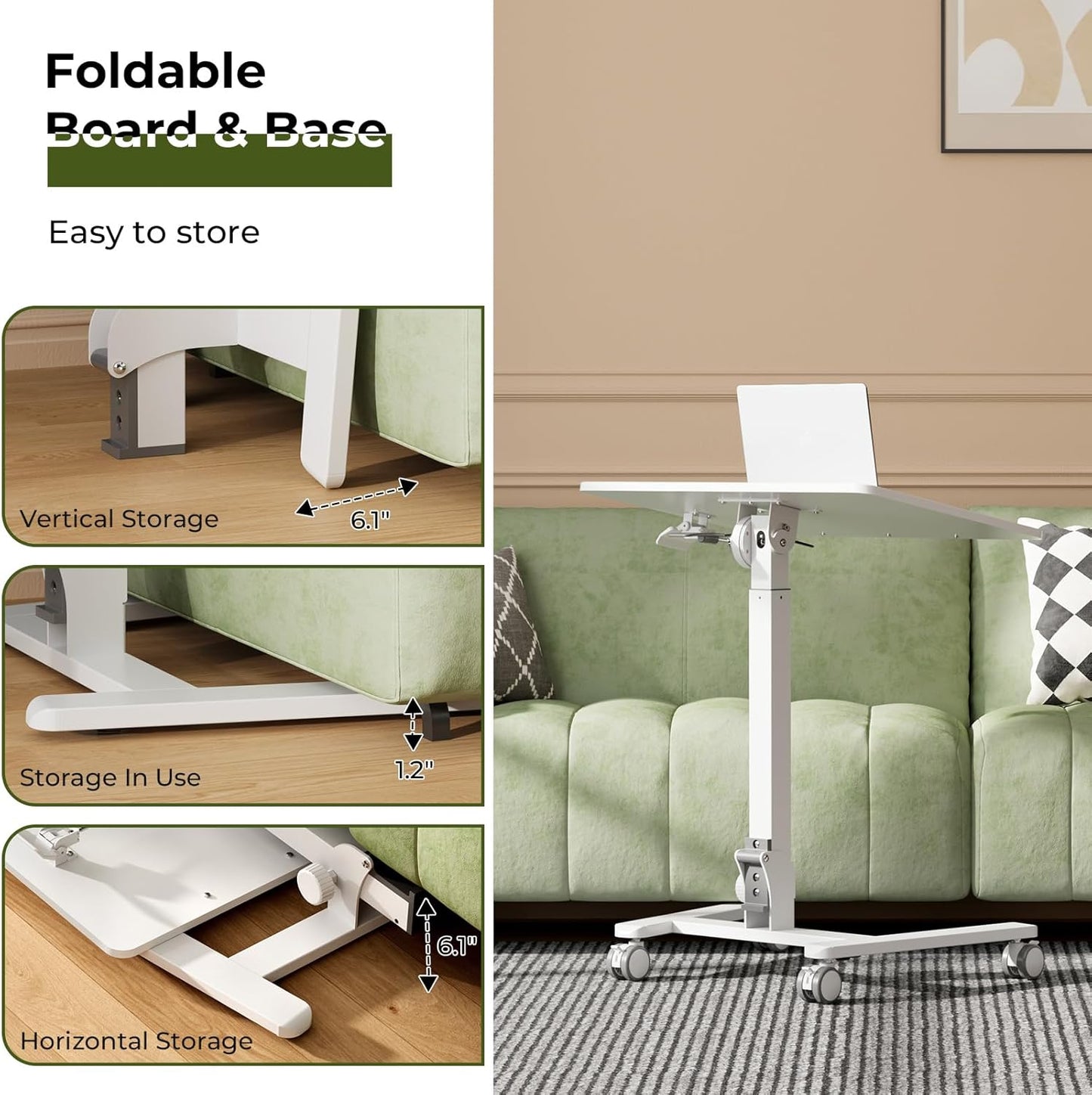 Foldable Standing Desk，Small Mobile Sit-Stand Desk with 90 Tiltable Top，Rolling Rising Laptop Workstation Adjustable Height，Portable Table on Hidden Wheels/4 Lockable Casters，White