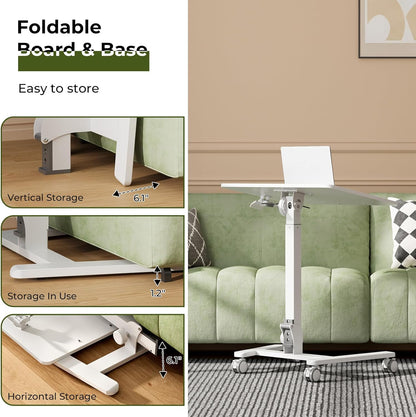 Foldable Standing Desk，Small Mobile Sit-Stand Desk with 90 Tiltable Top，Rolling Rising Laptop Workstation Adjustable Height，Portable Table on Hidden Wheels/4 Lockable Casters，White