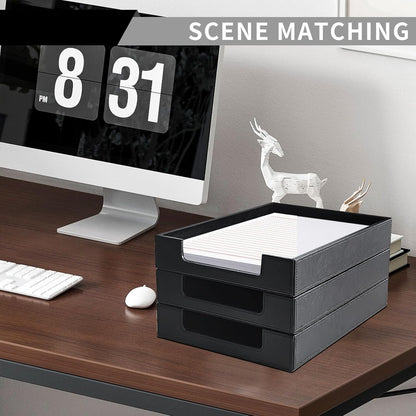 PU Leather Letter Tray - Load Documents Trays Front for Office Desktop Organizer - Desk Magazine, File, A4 Paper Holder - Paper Document File Holder (Black, A4-Tray)