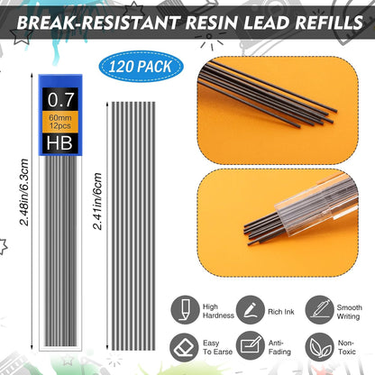 360 Pcs 0.7mm Mechanical Pencils Bulk Set Include 120 Mechanical Pencil 120 HB Lead Refills 120 Erasers for Art Office Classroom School Student Writing Drawing Sketching Supplies