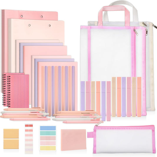 Colarr 54 Pieces Aesthetic School Supplies Including Pastel Highlighters Document Bags Pencils Notebooks Pencil Pouch Ink Pens Sticky Notes Erasers Back to School Gift Stationary Kit (Pink)