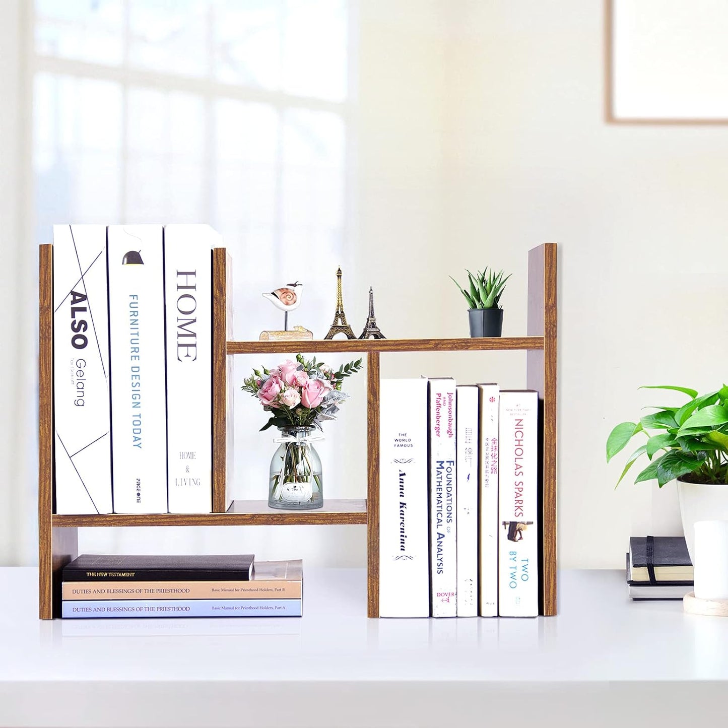 J.M.Deco Desktop Organizers and Storage for Office, Adjustable Desktop Organizer Shelf Double H Display, True Natural Stand Shelf, Desktop Shelf Organizer Natural Wood Tone