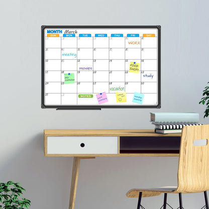 JILoffice Dry Erase Calendar Whiteboard - Magnetic White Board Calendar Monthly 24 X 18 Inch, Black Aluminium Frame Wall Mounted Board for Office Home and School