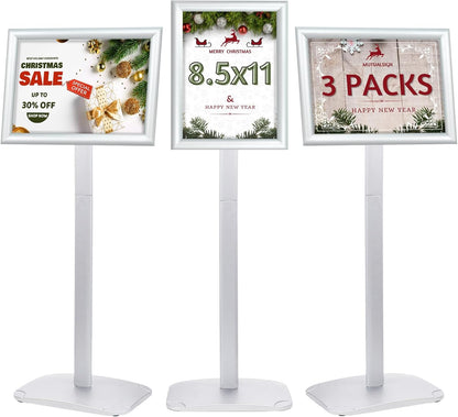 3Pcs Heavy Duty Pedestal Sign Holder for Display, 8.5 x 11 inches Adjustable Floor Standing Sign Holder with Weighted Base ,Sign Stand for Indoor/Outdoor Advertising，Silver