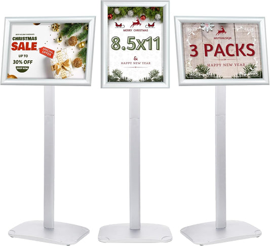 3Pcs Heavy Duty Pedestal Sign Holder for Display, 8.5 x 11 inches Adjustable Floor Standing Sign Holder with Weighted Base ,Sign Stand for Indoor/Outdoor Advertising，Silver