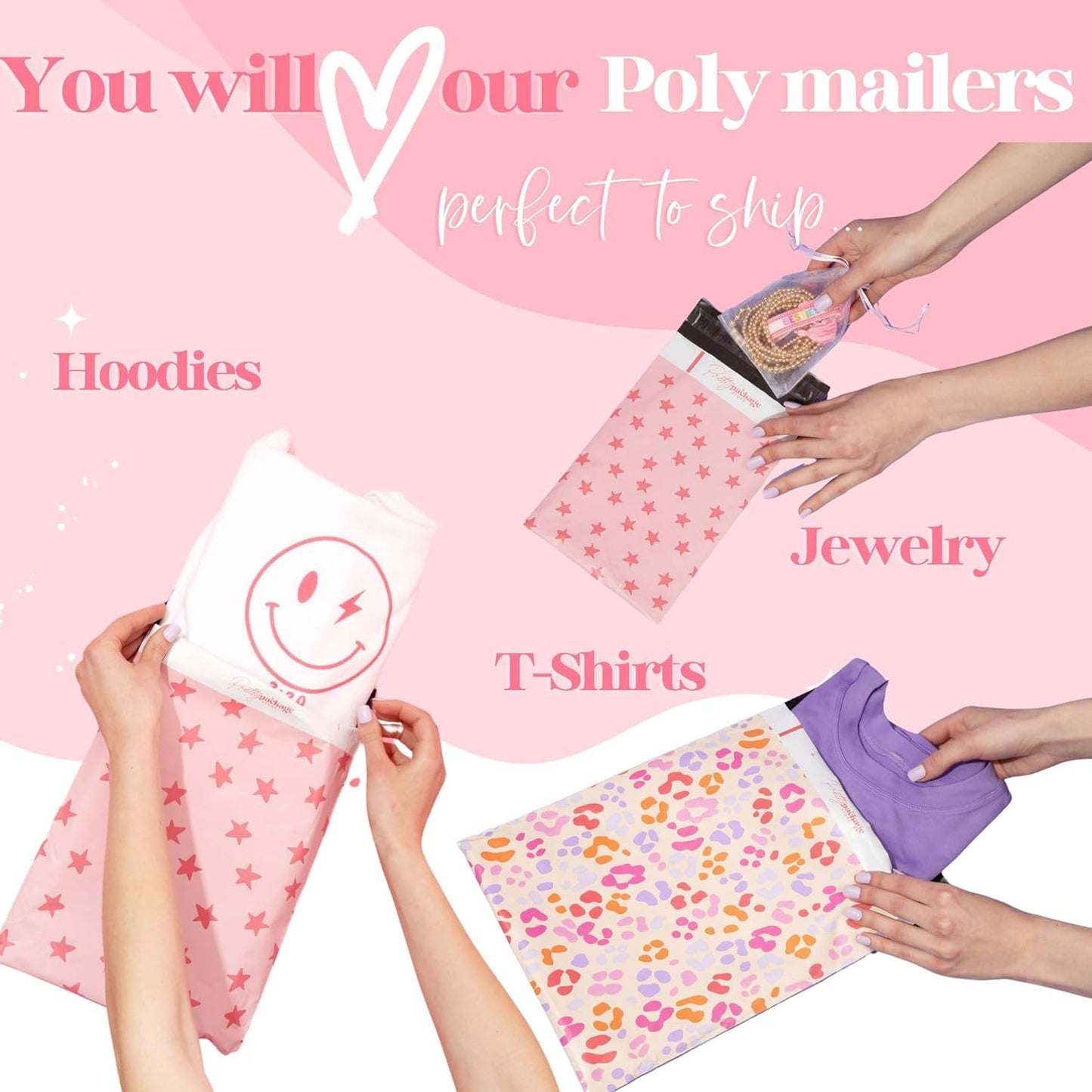 6x9 Designer Poly Mailer 100 Pack Heavy Duty Waterproof Self Seal Shipping Bags for Small Business Large Mailing Envelopes Bulk Tear Resistant Cute Packaging Happy Hearts