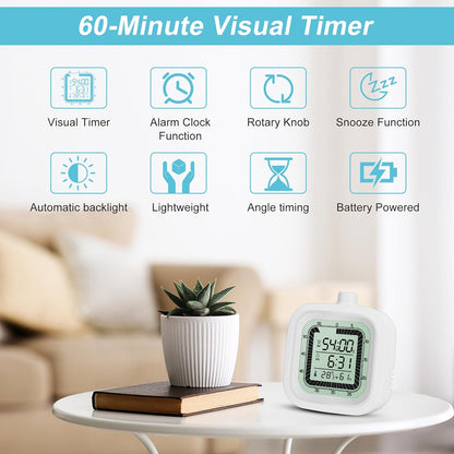 Visual Timer for Kids Kitchen Timer Alarm Clock Countdown Count-up 60 Minutes Shower Room Clock Training Manager time with Digital Thermometer Hygrometer White