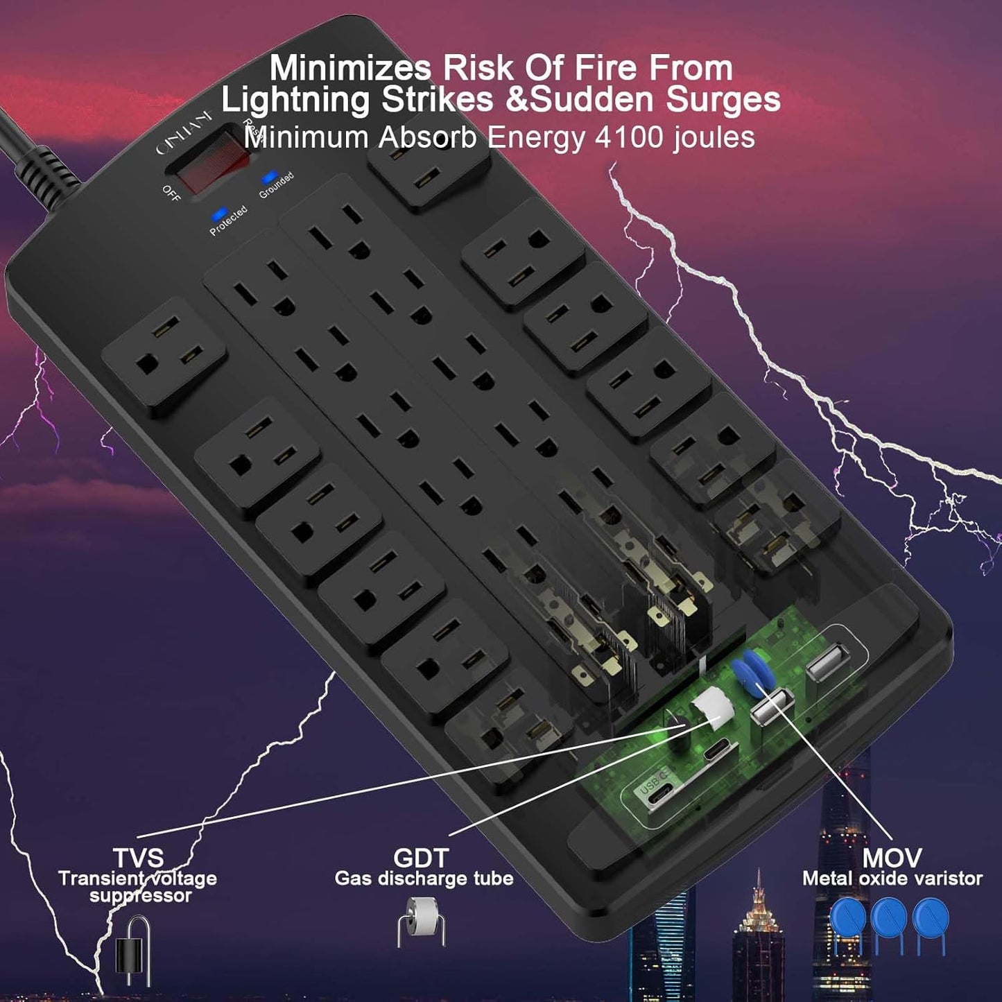 QINLIANF Surge Protector Power Strip - 15Ft Flat Plug Heavy Duty Extension Cord with 24 Outlets and 4 USB Ports(1 USB-C Ports), 1875W/15A, 4100J, for Home, Office, Dorm, ETL Listed, Black