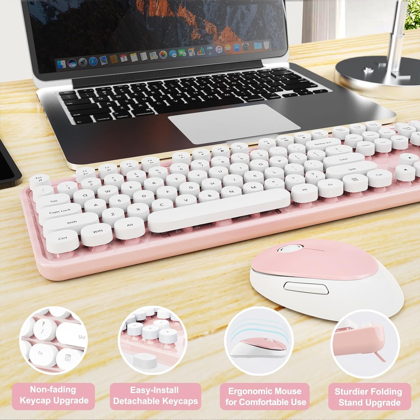 Wireless Keyboard and Mouse Combo, Ergonomic Full Size Typewriter Retro Round Keycaps Keyboard, Compatible with Windows, PC, Perfer for Home and Office Keyboards (Lovely Pink)