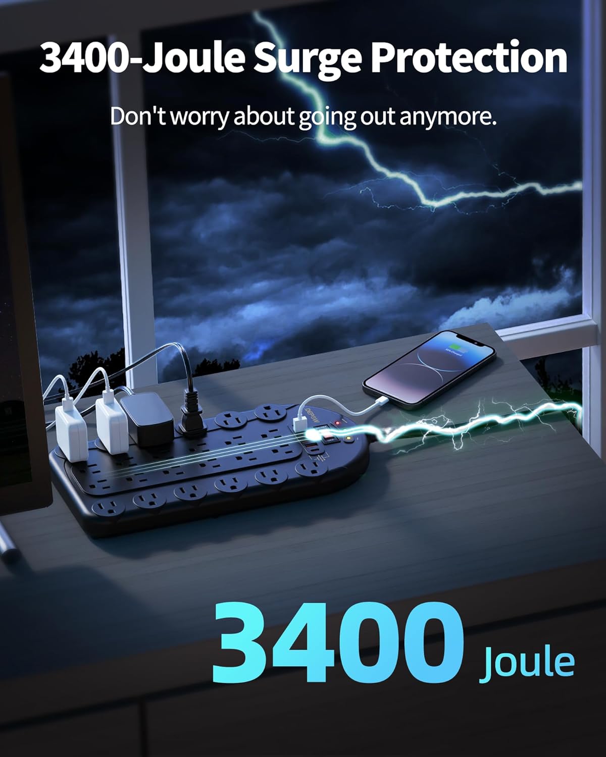 Power Strip, 24 AC Outlets (1875W/15A) with 6 USBs (2 USB-C Ports), ETL Listed, Surge Protector (3,400 Joules), 8 Ft Heavy Duty Flat Plug Extension Cord, Wall Mountable for Home, Office, Black