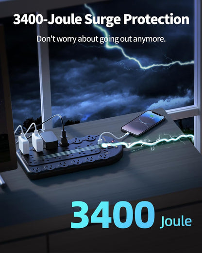 Power Strip, 24 AC Outlets (1875W/15A) with 6 USBs (2 USB-C Ports), Surge Protector (3,400 Joules), 10Ft Heavy Duty Flat Plug Extension Cord, Wall Mountable for Home, Office, Black, ETL Listed