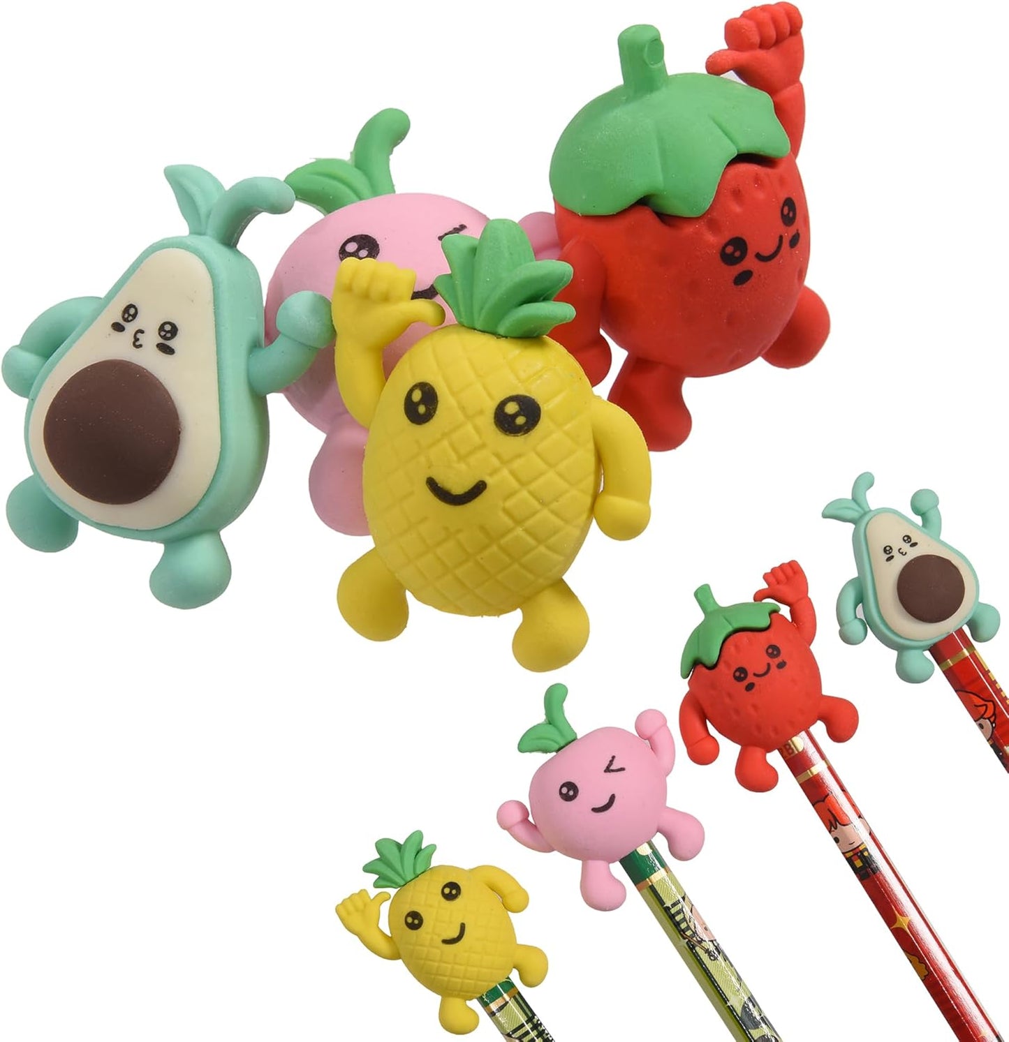 16Pcs Pencil Top Erasers for Kids, 3D Cute Fruit Pencil Toppers, Bulk Fun Pencil Cap Easters for School Classroom Supplies Prize Gifts Party Favors