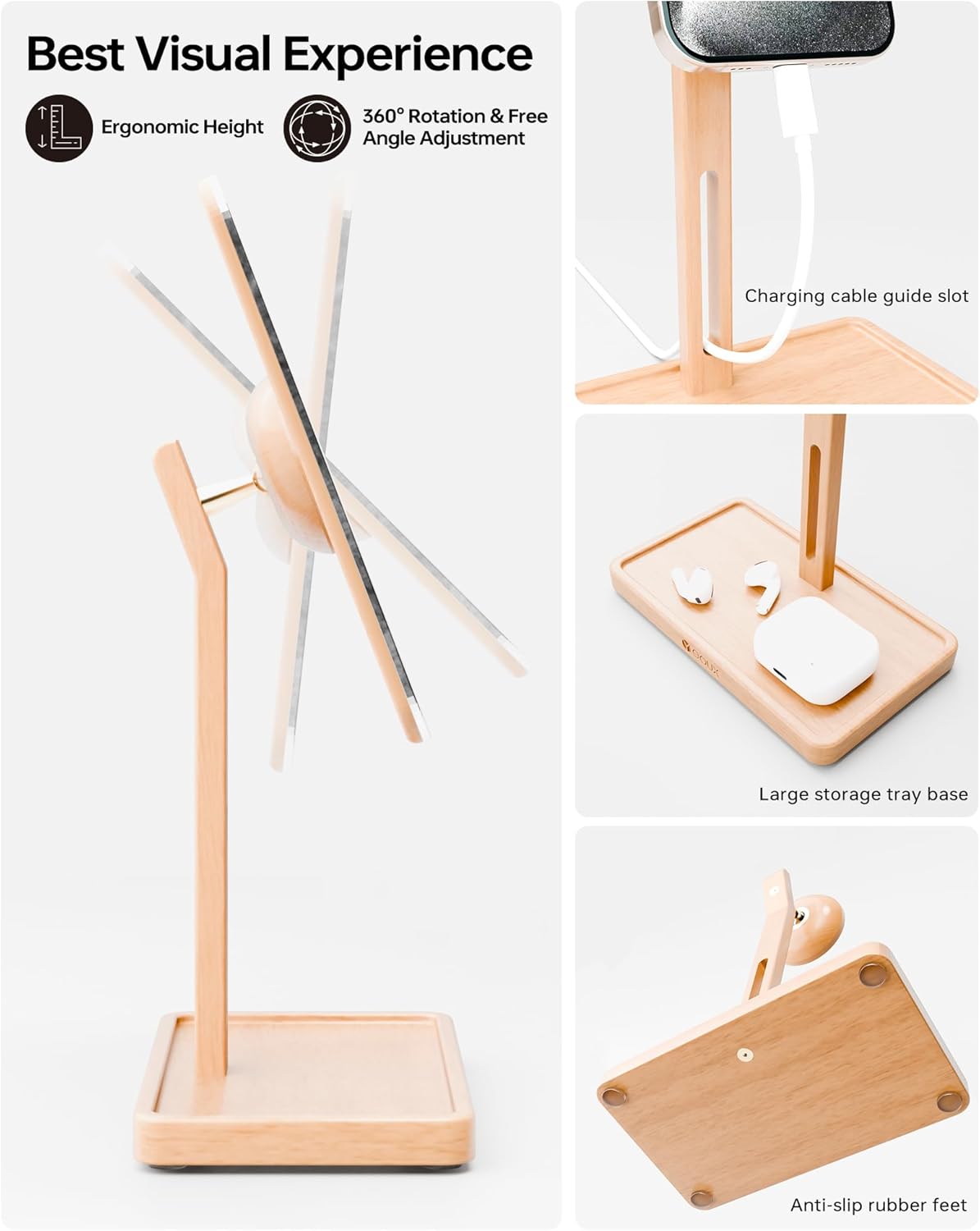 YEOUX Premium Desktop Glass Mirror, Dry Erase Board & Magnetic Phone Stand 3-in-1 | 360° Adjustable | Solid Wood | MagSafe Compatible, Small Whiteboard for Office Home Desk