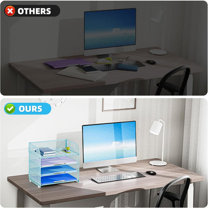 Marbrasse 4 Tier Paper Organizer Letter Tray - Mesh Desk File Organizer with Handle, Paper Sorter Organizer for Letter Office File Folder Holder (Blue, 12.6" x 9.1" x 10.7")