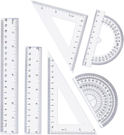 Geometry Set, 6-Piece Clear Plastic Math Ruler, Drafting Ruler Kit Includes Protractor, Triangle Ruler, Straight Ruler-Math Measurement Tools for Students, School and Office Supplies